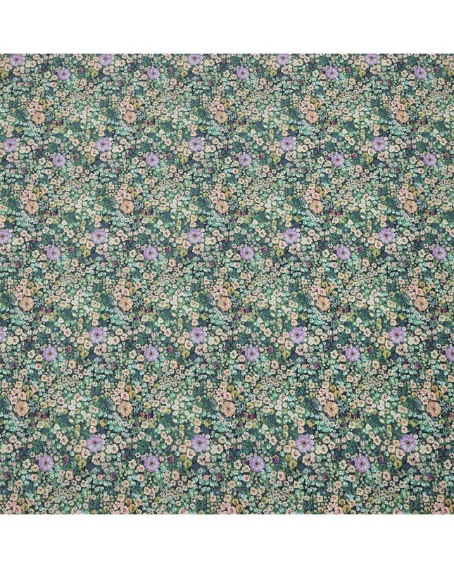 Forest Green Dense Floral Printed Cotton Lawn Fabric with Multicolor Wildflower Motifs, 110 Cms Width, Made in India-D24260