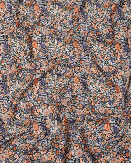 Charcoal Grey Dense Floral Printed Cotton Lawn Fabric with Orange, Lavender, and White Blooms, 110 Cms Width, Made in India-D24261