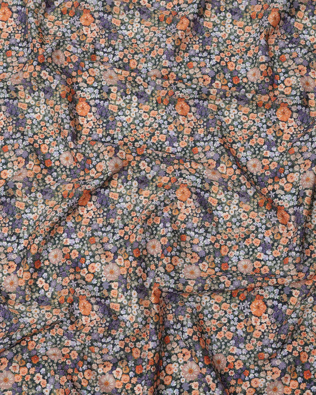 Charcoal Grey Dense Floral Printed Cotton Lawn Fabric with Orange, Lavender, and White Blooms, 110 Cms Width, Made in India-D24261