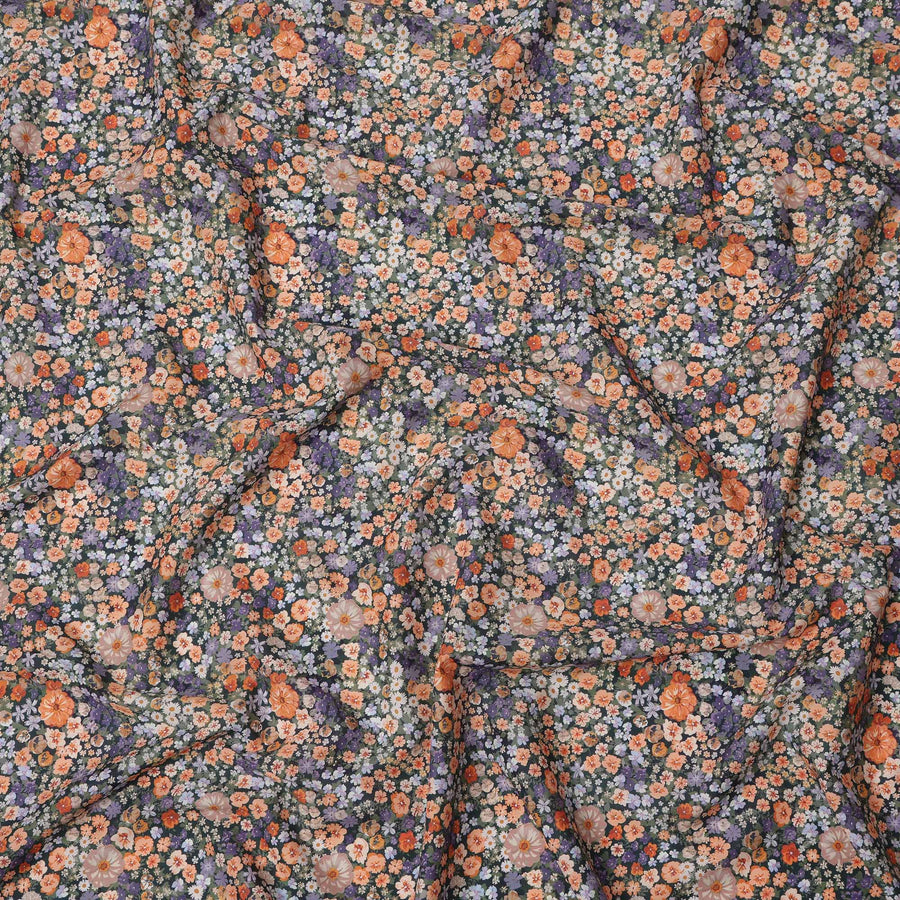 Charcoal Grey Dense Floral Printed Cotton Lawn Fabric with Orange, Lavender, and White Blooms, 110 Cms Width, Made in India-D24261