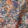 Charcoal Grey Dense Floral Printed Cotton Lawn Fabric with Orange, Lavender, and White Blooms, 110 Cms Width, Made in India-D24261