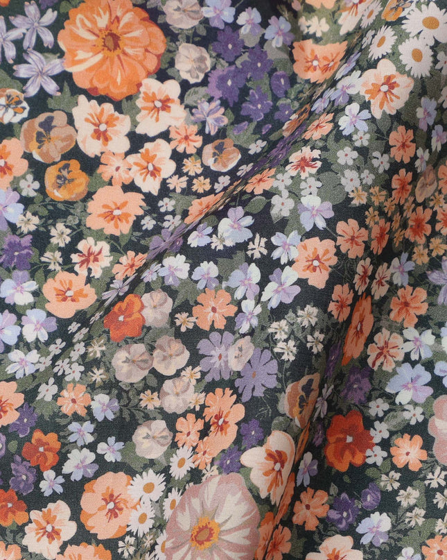 Charcoal Grey Dense Floral Printed Cotton Lawn Fabric with Orange, Lavender, and White Blooms, 110 Cms Width, Made in India-D24261