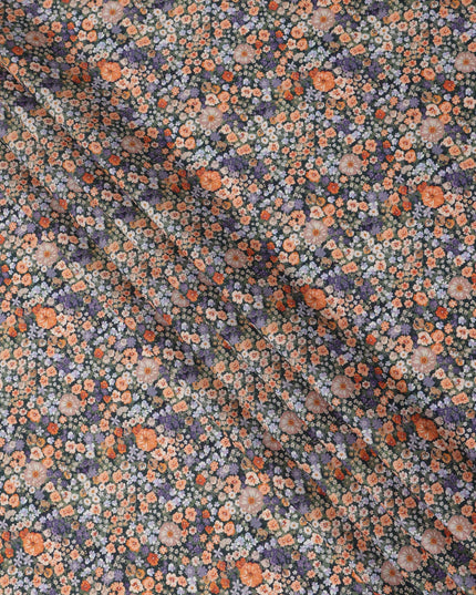 Charcoal Grey Dense Floral Printed Cotton Lawn Fabric with Orange, Lavender, and White Blooms, 110 Cms Width, Made in India-D24261