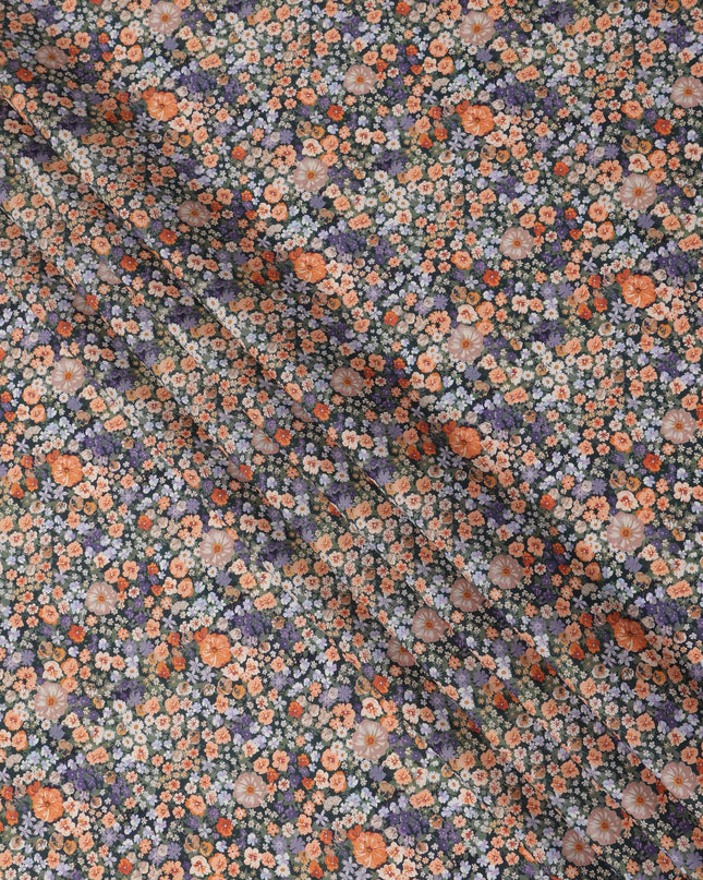 Charcoal Grey Dense Floral Printed Cotton Lawn Fabric with Orange, Lavender, and White Blooms, 110 Cms Width, Made in India-D24261