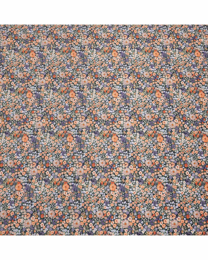 Charcoal Grey Dense Floral Printed Cotton Lawn Fabric with Orange, Lavender, and White Blooms, 110 Cms Width, Made in India-D24261