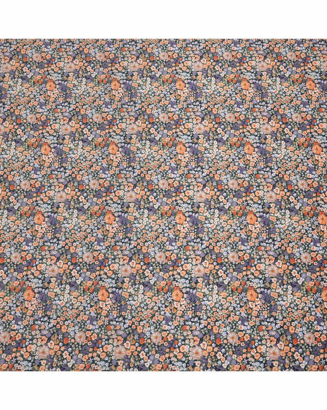 Charcoal Grey Dense Floral Printed Cotton Lawn Fabric with Orange, Lavender, and White Blooms, 110 Cms Width, Made in India-D24261