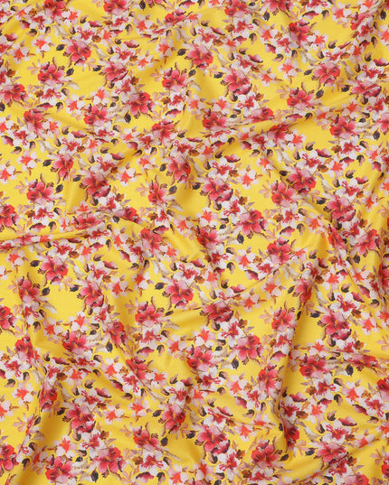 Bright Yellow Floral Printed Cotton Lawn Fabric with Red and White Blossom Motifs, 110 Cms Width, Made in India-D24262