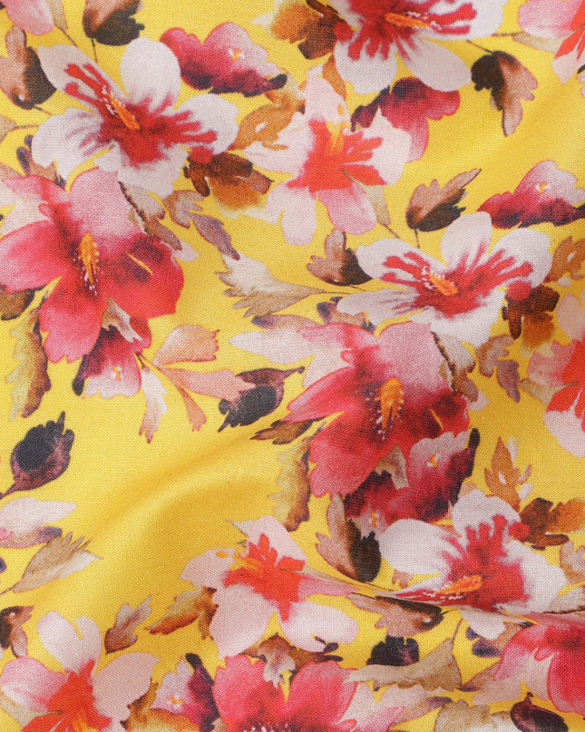 Bright Yellow Floral Printed Cotton Lawn Fabric with Red and White Blossom Motifs, 110 Cms Width, Made in India-D24262