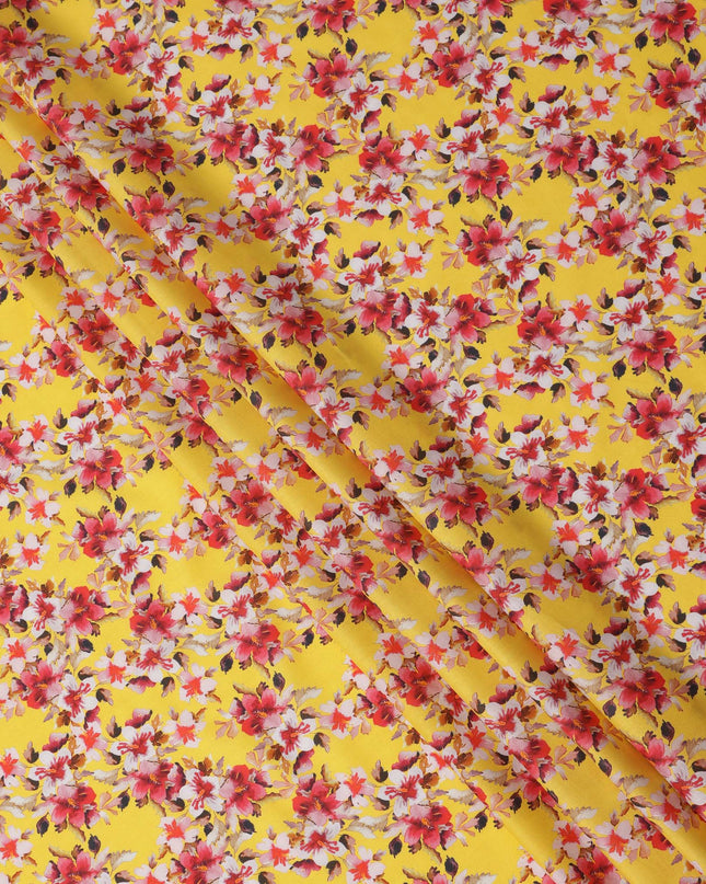 Bright Yellow Floral Printed Cotton Lawn Fabric with Red and White Blossom Motifs, 110 Cms Width, Made in India-D24262