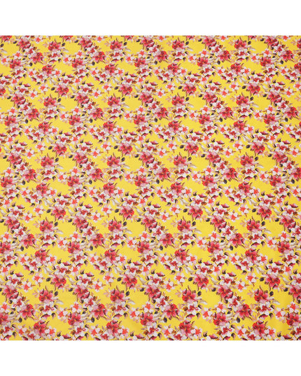 Bright Yellow Floral Printed Cotton Lawn Fabric with Red and White Blossom Motifs, 110 Cms Width, Made in India-D24262