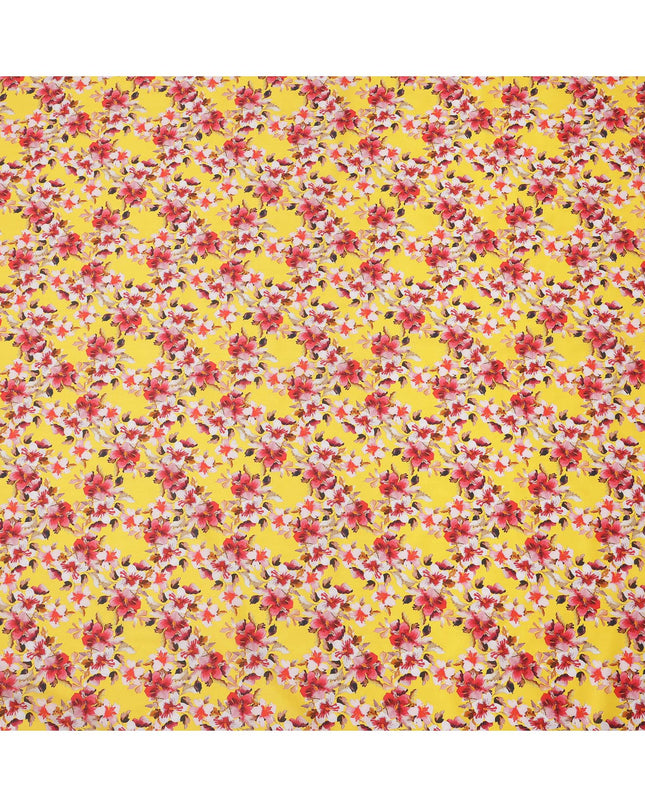Bright Yellow Floral Printed Cotton Lawn Fabric with Red and White Blossom Motifs, 110 Cms Width, Made in India-D24262