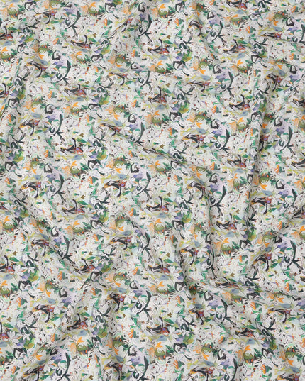 Ivory Multicolor Leafy Abstract Printed Cotton Lawn Fabric with Brushstroke Floral Motifs, 110 Cms Width, Made in India-D24263