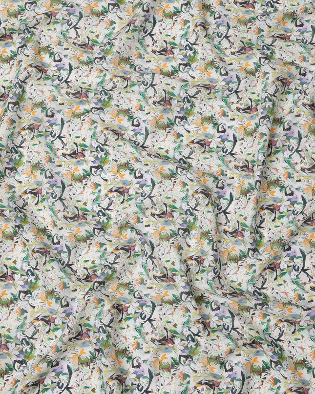 Ivory Multicolor Leafy Abstract Printed Cotton Lawn Fabric with Brushstroke Floral Motifs, 110 Cms Width, Made in India-D24263