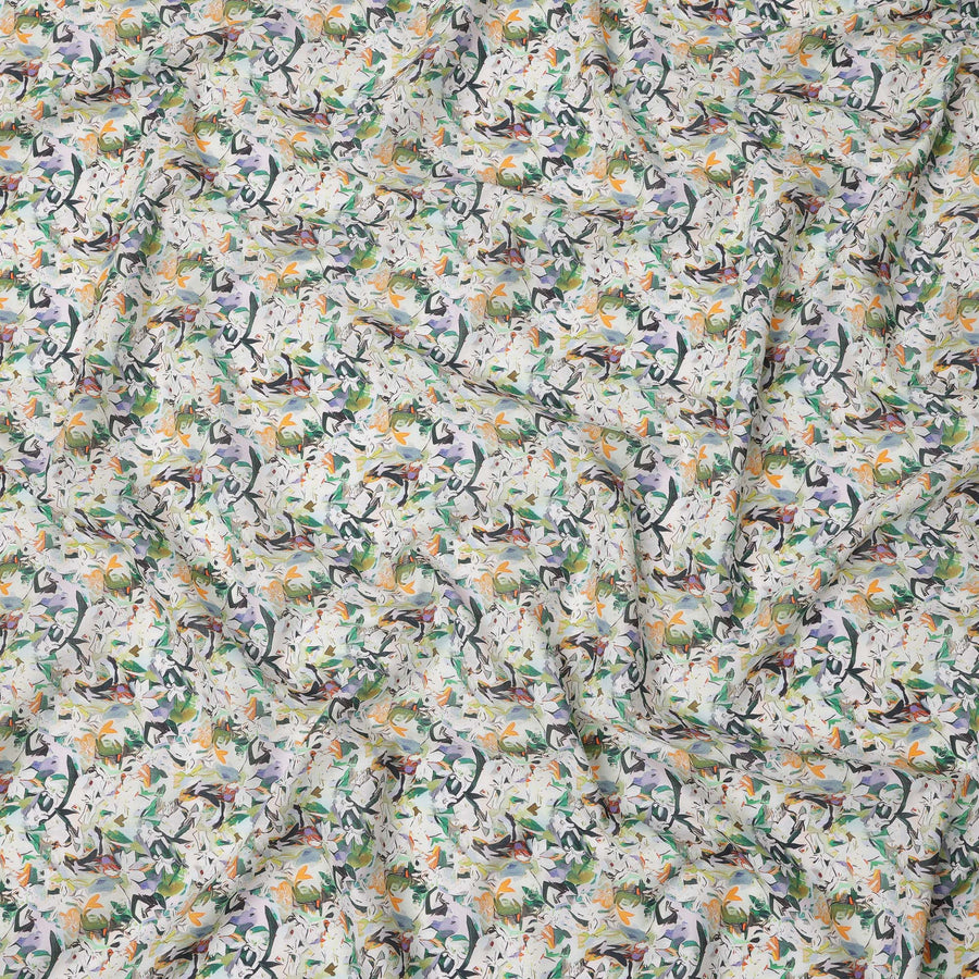 Ivory Multicolor Leafy Abstract Printed Cotton Lawn Fabric with Brushstroke Floral Motifs, 110 Cms Width, Made in India-D24263
