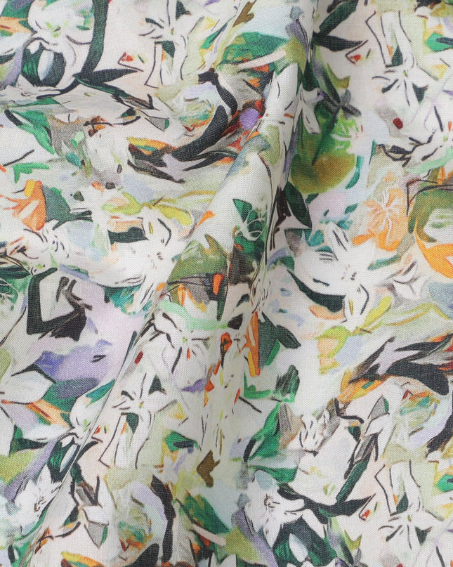 Ivory Multicolor Leafy Abstract Printed Cotton Lawn Fabric with Brushstroke Floral Motifs, 110 Cms Width, Made in India-D24263