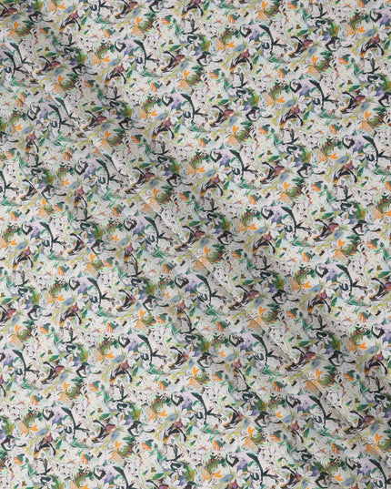 Ivory Multicolor Leafy Abstract Printed Cotton Lawn Fabric with Brushstroke Floral Motifs, 110 Cms Width, Made in India-D24263