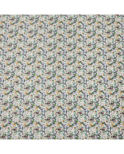 Ivory Multicolor Leafy Abstract Printed Cotton Lawn Fabric with Brushstroke Floral Motifs, 110 Cms Width, Made in India-D24263