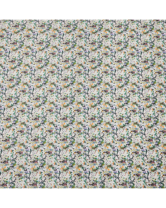 Ivory Multicolor Leafy Abstract Printed Cotton Lawn Fabric with Brushstroke Floral Motifs, 110 Cms Width, Made in India-D24263