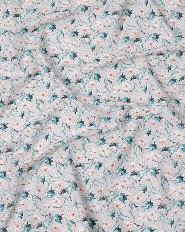 White Teal Floral Printed Cotton Lawn Fabric with Abstract Vine Detailing, 110 Cms Width, Made in India-D24264