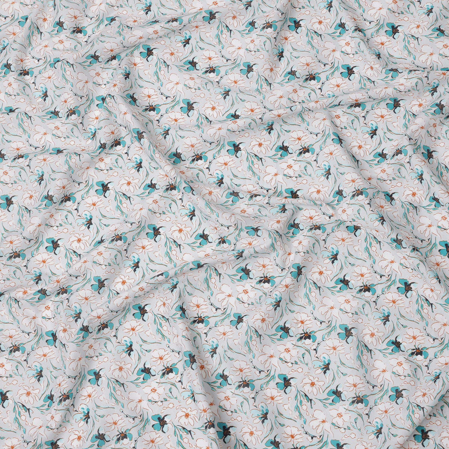 White Teal Floral Printed Cotton Lawn Fabric with Abstract Vine Detailing, 110 Cms Width, Made in India-D24264