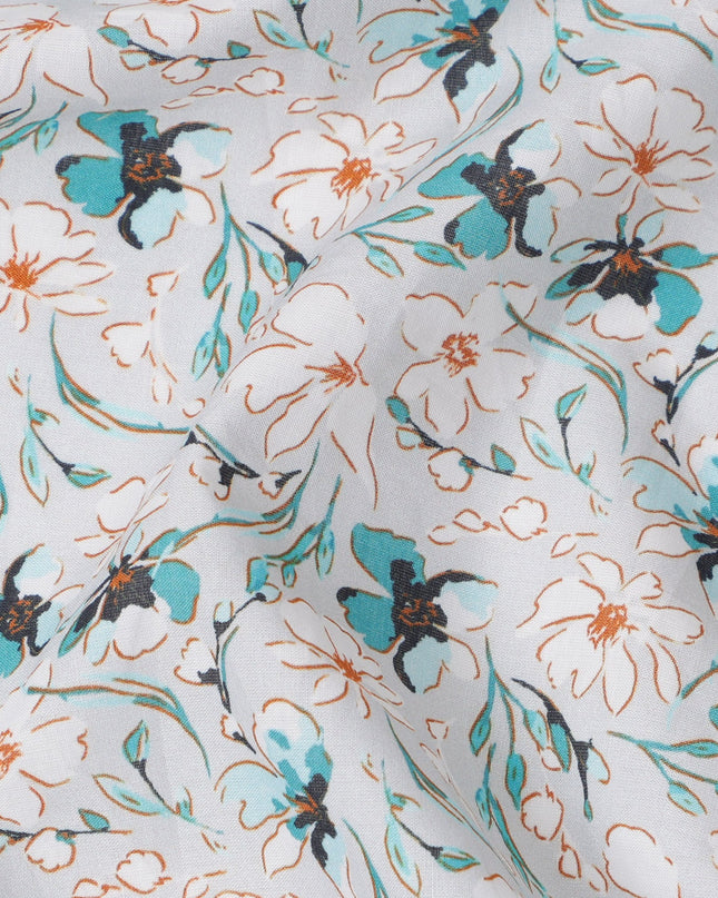 White Teal Floral Printed Cotton Lawn Fabric with Abstract Vine Detailing, 110 Cms Width, Made in India-D24264