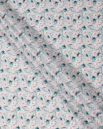 White Teal Floral Printed Cotton Lawn Fabric with Abstract Vine Detailing, 110 Cms Width, Made in India-D24264