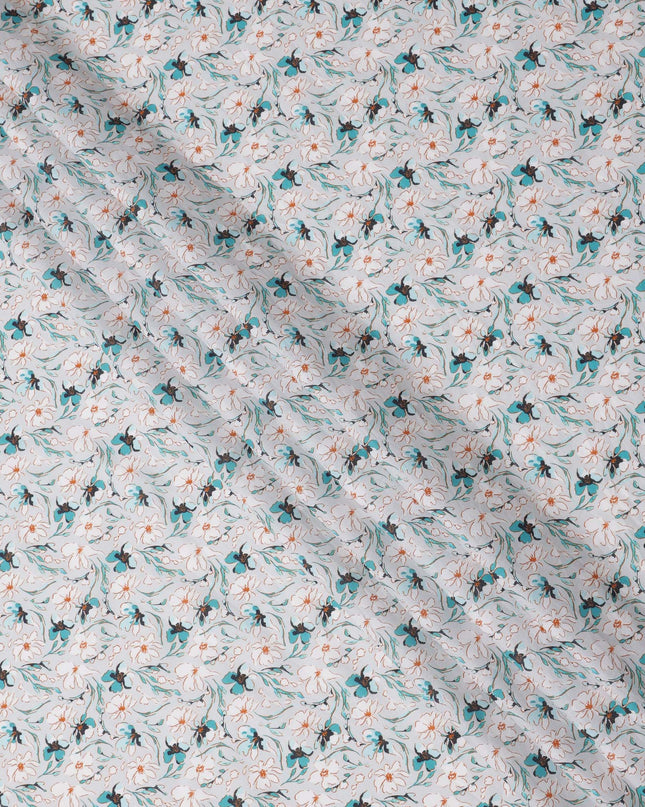 White Teal Floral Printed Cotton Lawn Fabric with Abstract Vine Detailing, 110 Cms Width, Made in India-D24264