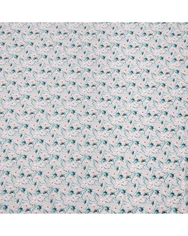 White Teal Floral Printed Cotton Lawn Fabric with Abstract Vine Detailing, 110 Cms Width, Made in India-D24264