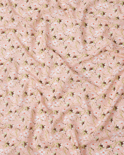 Blush Pink Floral Printed Cotton Lawn Fabric with White and Brown Petal Motifs, 110 Cms Width, Made in India-D24265