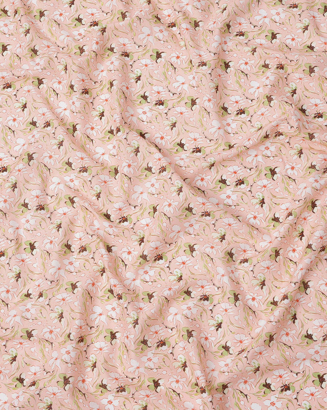 Blush Pink Floral Printed Cotton Lawn Fabric with White and Brown Petal Motifs, 110 Cms Width, Made in India-D24265