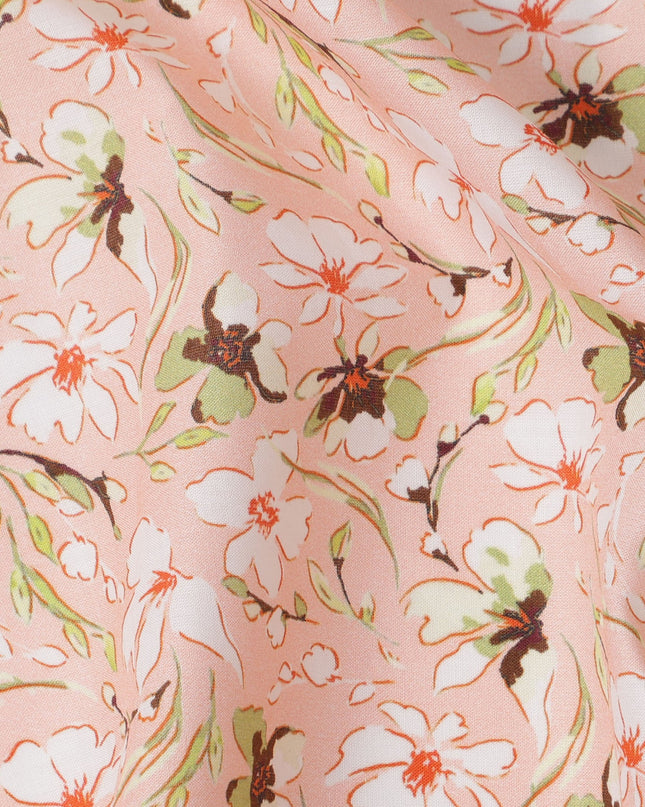 Blush Pink Floral Printed Cotton Lawn Fabric with White and Brown Petal Motifs, 110 Cms Width, Made in India-D24265