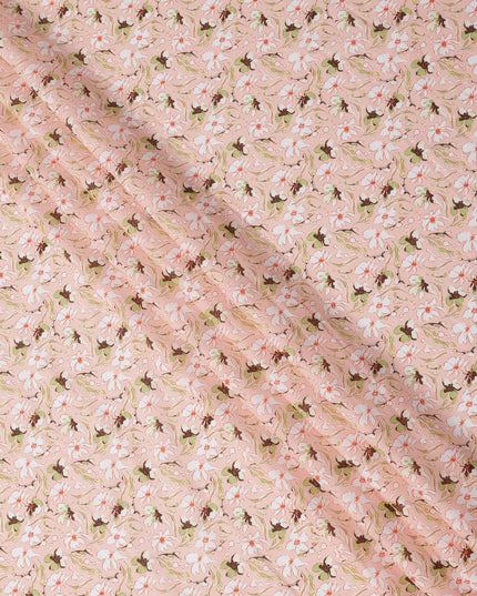 Blush Pink Floral Printed Cotton Lawn Fabric with White and Brown Petal Motifs, 110 Cms Width, Made in India-D24265
