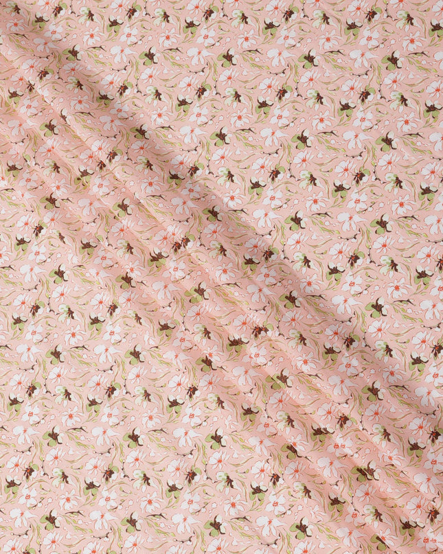 Blush Pink Floral Printed Cotton Lawn Fabric with White and Brown Petal Motifs, 110 Cms Width, Made in India-D24265