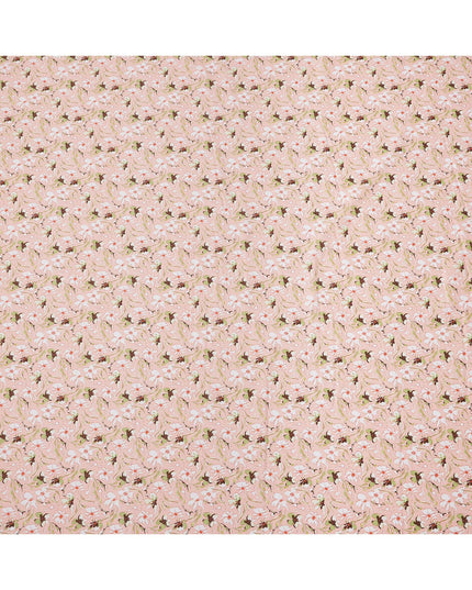 Blush Pink Floral Printed Cotton Lawn Fabric with White and Brown Petal Motifs, 110 Cms Width, Made in India-D24265