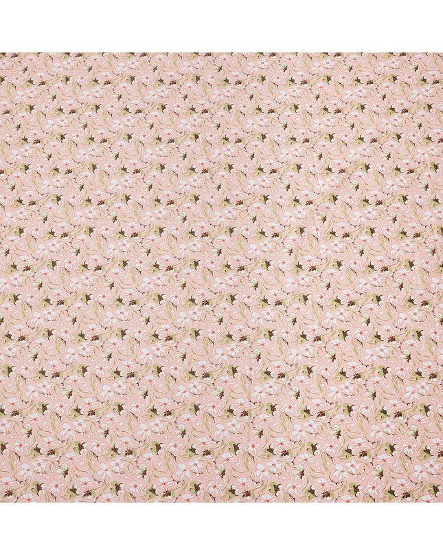 Blush Pink Floral Printed Cotton Lawn Fabric with White and Brown Petal Motifs, 110 Cms Width, Made in India-D24265