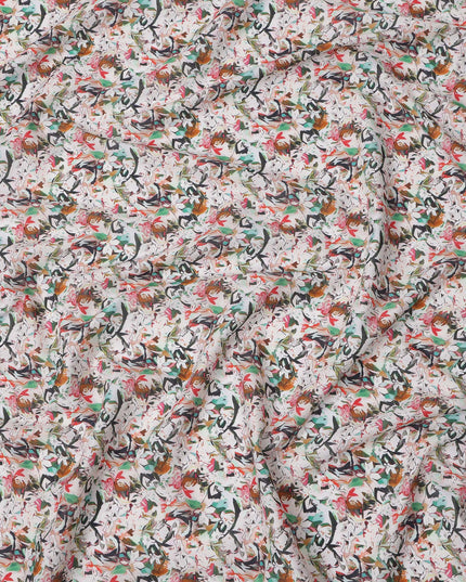 White Multicolor Abstract Floral Printed Cotton Lawn Fabric with Brushstroke Petal Motifs, 110 Cms Width, Made in India-D24266