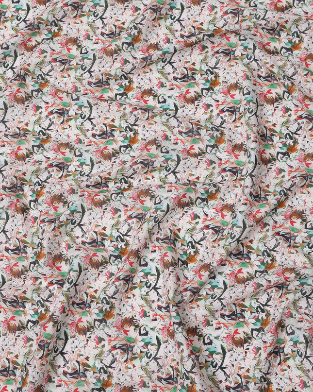 White Multicolor Abstract Floral Printed Cotton Lawn Fabric with Brushstroke Petal Motifs, 110 Cms Width, Made in India-D24266