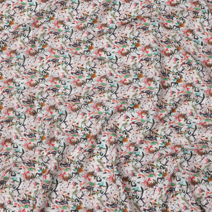 White Multicolor Abstract Floral Printed Cotton Lawn Fabric with Brushstroke Petal Motifs, 110 Cms Width, Made in India-D24266