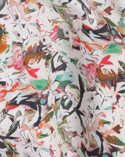 White Multicolor Abstract Floral Printed Cotton Lawn Fabric with Brushstroke Petal Motifs, 110 Cms Width, Made in India-D24266