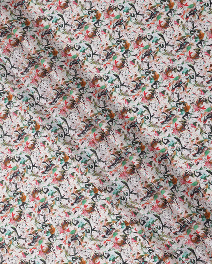 White Multicolor Abstract Floral Printed Cotton Lawn Fabric with Brushstroke Petal Motifs, 110 Cms Width, Made in India-D24266