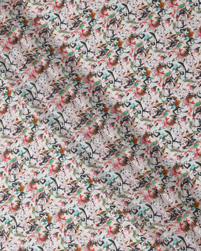 White Multicolor Abstract Floral Printed Cotton Lawn Fabric with Brushstroke Petal Motifs, 110 Cms Width, Made in India-D24266