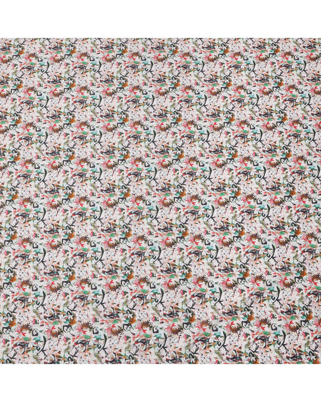 White Multicolor Abstract Floral Printed Cotton Lawn Fabric with Brushstroke Petal Motifs, 110 Cms Width, Made in India-D24266