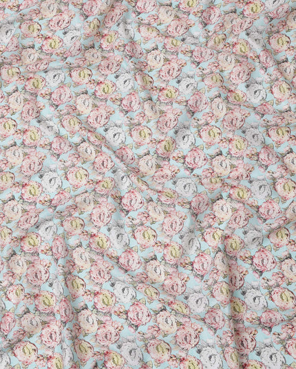 Sky Blue Vintage Rose Printed Cotton Lawn Fabric with Hand-Drawn Floral Motifs in Pink and Ivory, 110 Cms Width, Made in India-D24267