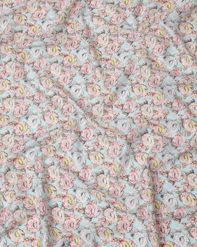 Sky Blue Vintage Rose Printed Cotton Lawn Fabric with Hand-Drawn Floral Motifs in Pink and Ivory, 110 Cms Width, Made in India-D24267