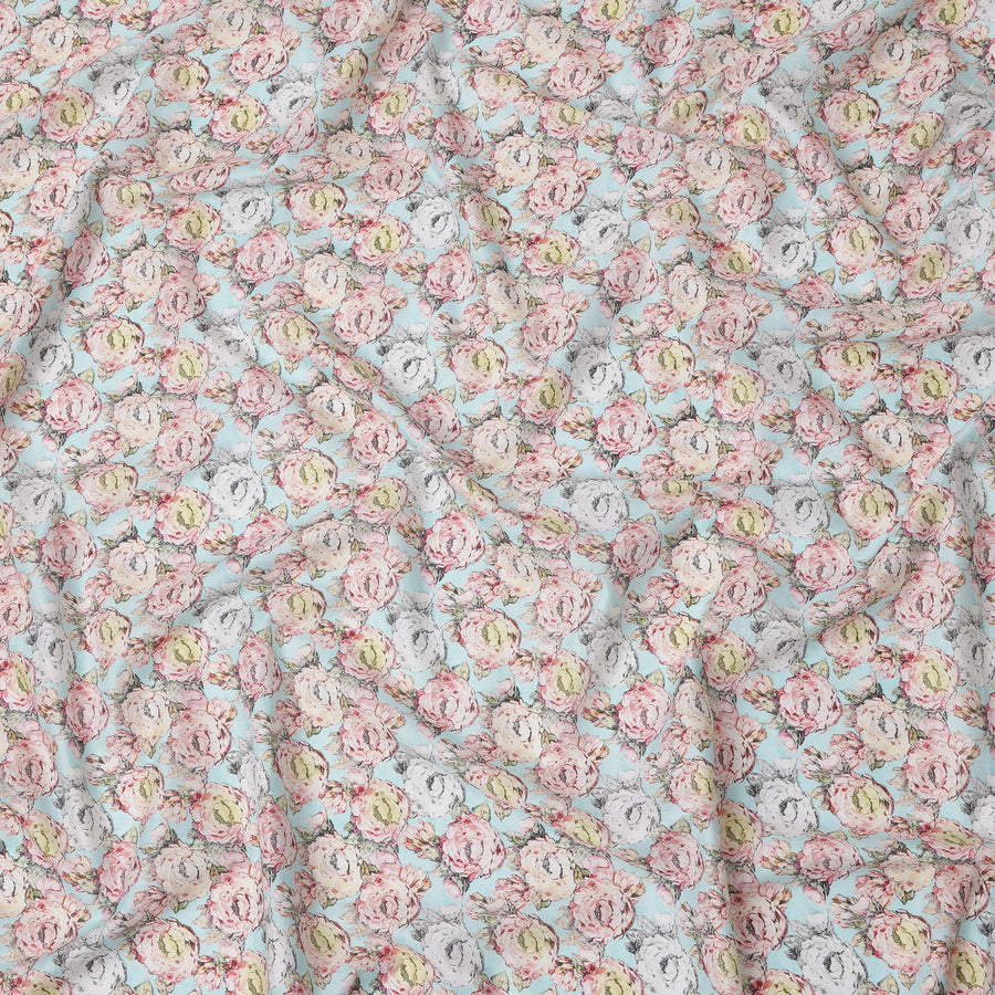 Sky Blue Vintage Rose Printed Cotton Lawn Fabric with Hand-Drawn Floral Motifs in Pink and Ivory, 110 Cms Width, Made in India-D24267