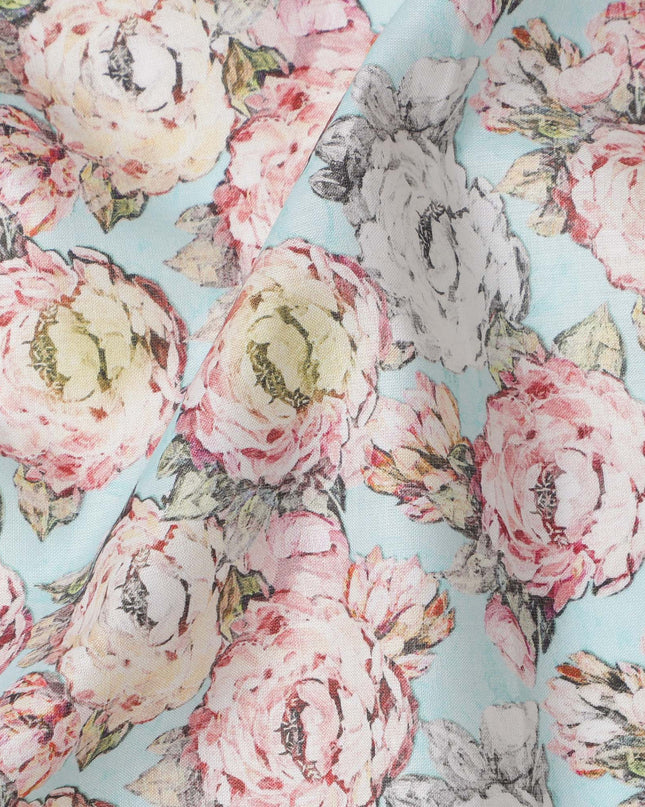 Sky Blue Vintage Rose Printed Cotton Lawn Fabric with Hand-Drawn Floral Motifs in Pink and Ivory, 110 Cms Width, Made in India-D24267