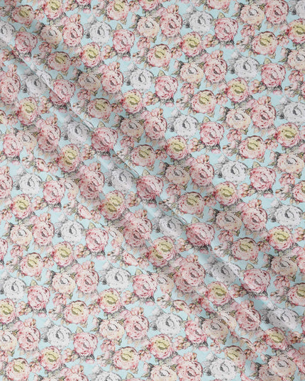 Sky Blue Vintage Rose Printed Cotton Lawn Fabric with Hand-Drawn Floral Motifs in Pink and Ivory, 110 Cms Width, Made in India-D24267
