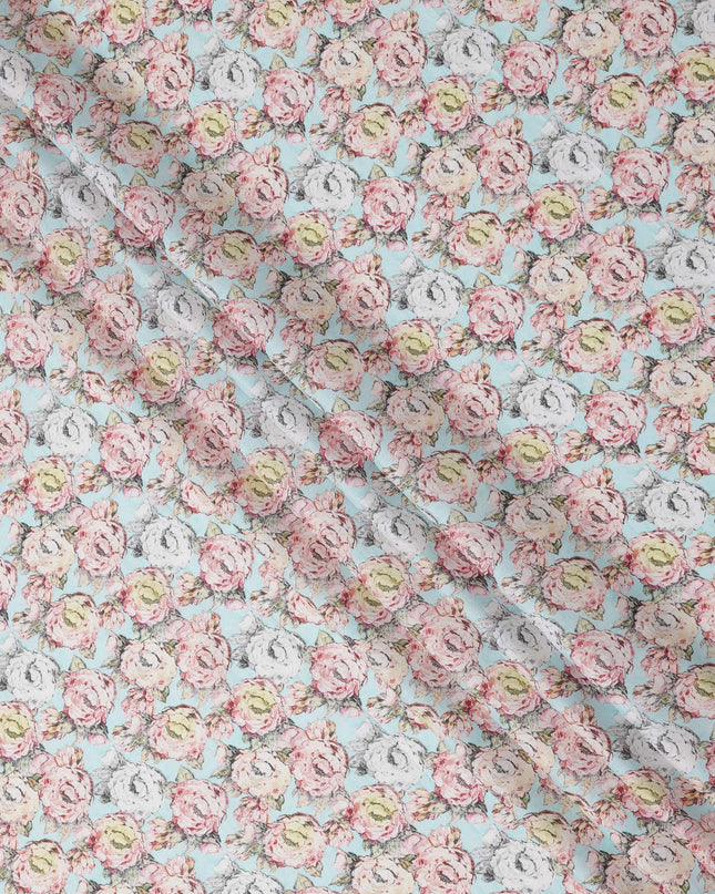 Sky Blue Vintage Rose Printed Cotton Lawn Fabric with Hand-Drawn Floral Motifs in Pink and Ivory, 110 Cms Width, Made in India-D24267