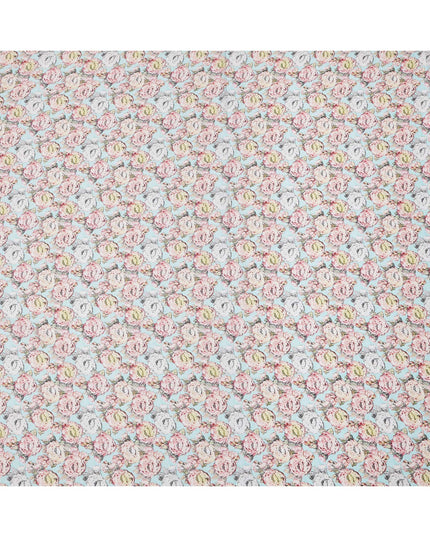 Sky Blue Vintage Rose Printed Cotton Lawn Fabric with Hand-Drawn Floral Motifs in Pink and Ivory, 110 Cms Width, Made in India-D24267