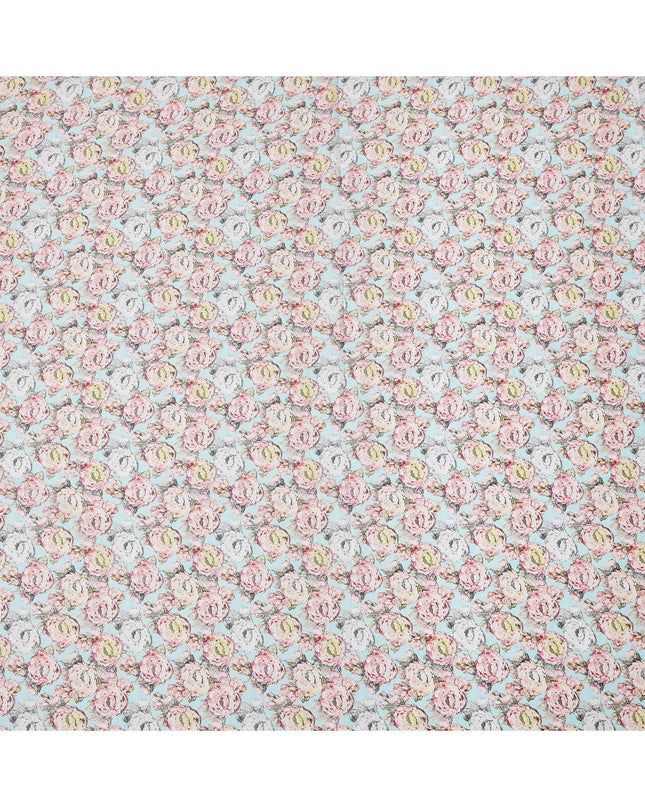 Sky Blue Vintage Rose Printed Cotton Lawn Fabric with Hand-Drawn Floral Motifs in Pink and Ivory, 110 Cms Width, Made in India-D24267